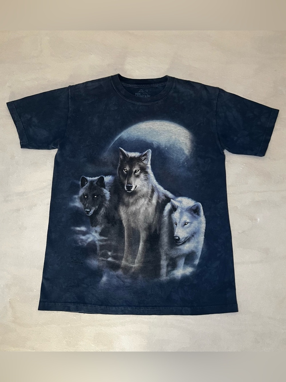 The Mountain Wolf T Shirt Small Blue Tie Dye Three Wolves Moon Vintage Goth Tee